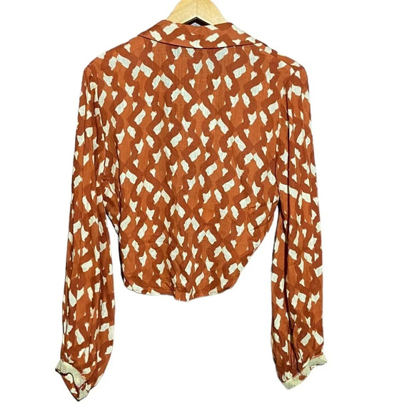 NWT ZARA Linen Blend Terracotta Top Size Small Rust/Orange Printed Beaded - Picture 4 of 6